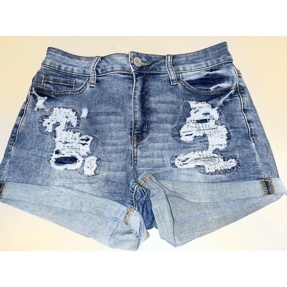 S O Curvy Shortie Jean Shorts Women  9 29X2 Cuffed Denim Stretch Distressed